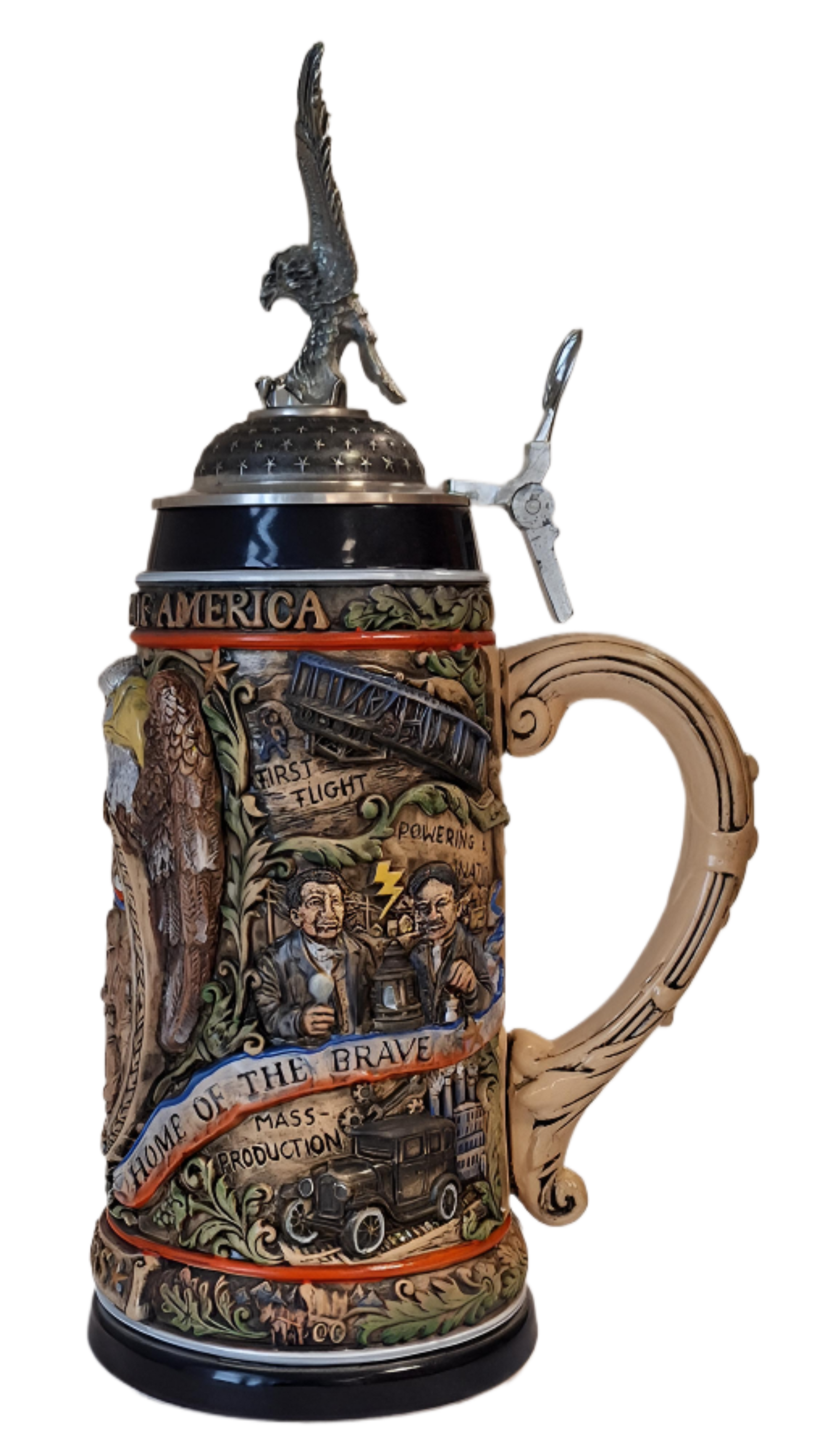Bierkrug 250 Jahre USA Verfassung - Seite B mit Flugadler-Zinn-Figurendeckel