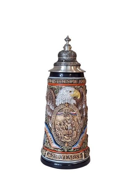 Bierkrug 250 Jahre USA Verfassung - Vorderseite, bunt bemalt mit Barock-Zinndeckel
